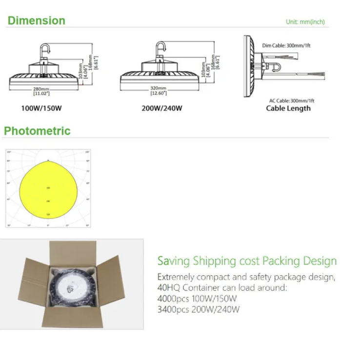 High Bay LED Lights with 100W-240W power range, providing ultra-bright illumination for high ceilings and large indoor areas.