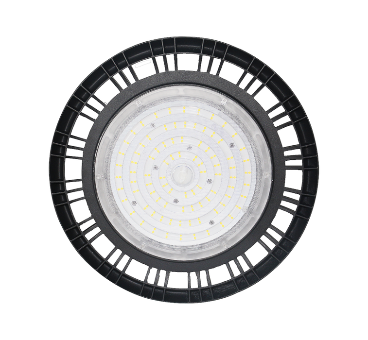 Close-up view of Eco UFO High Bay LED Lights with premium heat dissipation and 5000K daylight color for industrial applications.